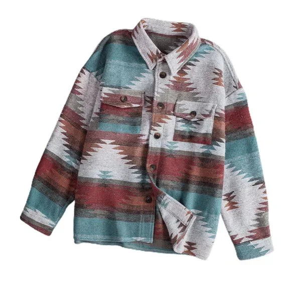 SOLD Flannel Distressed Aztec Shirt Jacket/Shacket Large - Picture 5 of 16